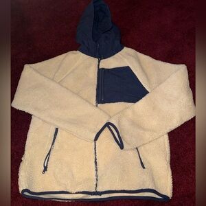 J Crew Nordic sherpa full-zip deep pile hoodie jacket beige navy medium adult